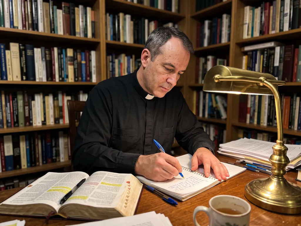 A priest preparing Sunday's homily at night