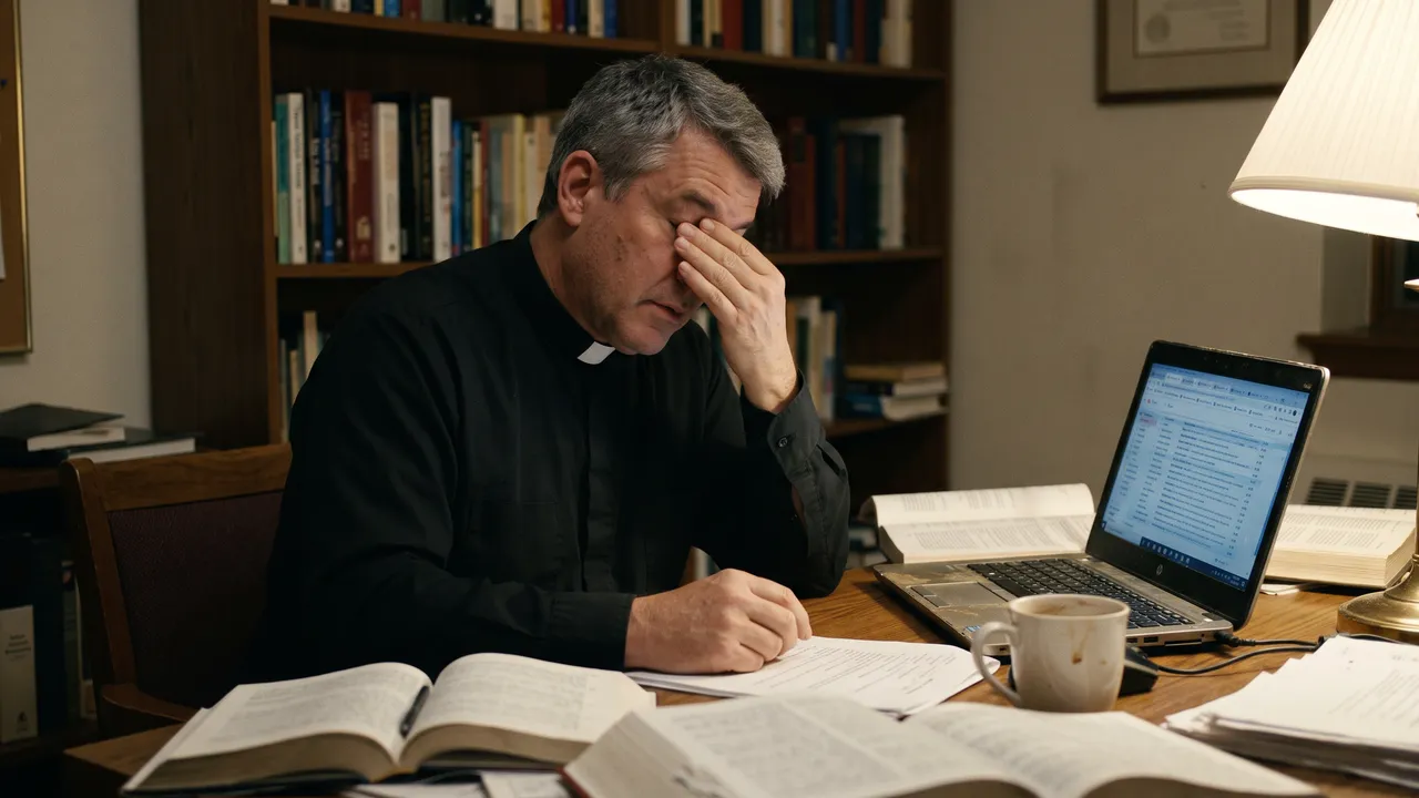 A priest at his desk late at night, books and tabs open everywhere