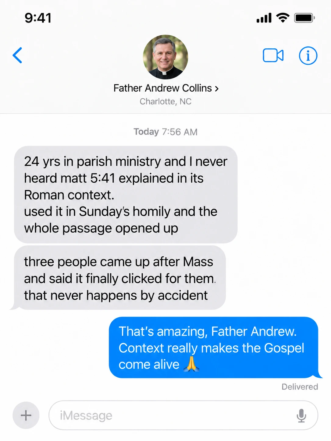 Text message from Father Andrew Collins, Charlotte, NC
