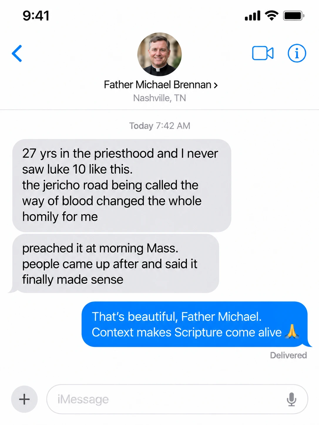 Text message from Father Michael Brennan, Nashville, TN